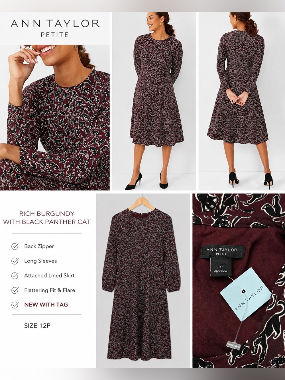 Ann Taylor Petite Burgundy Black Panther Print Fit & Flare Dress 12P NWT